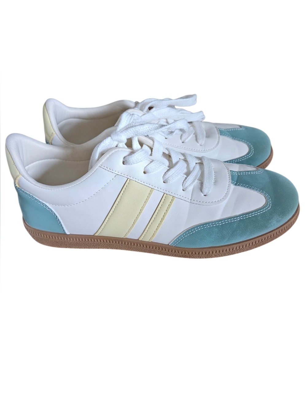 White Sneakers with Seafoam  and Pale Yellow Details, L&F Shoes Brand, Size 10